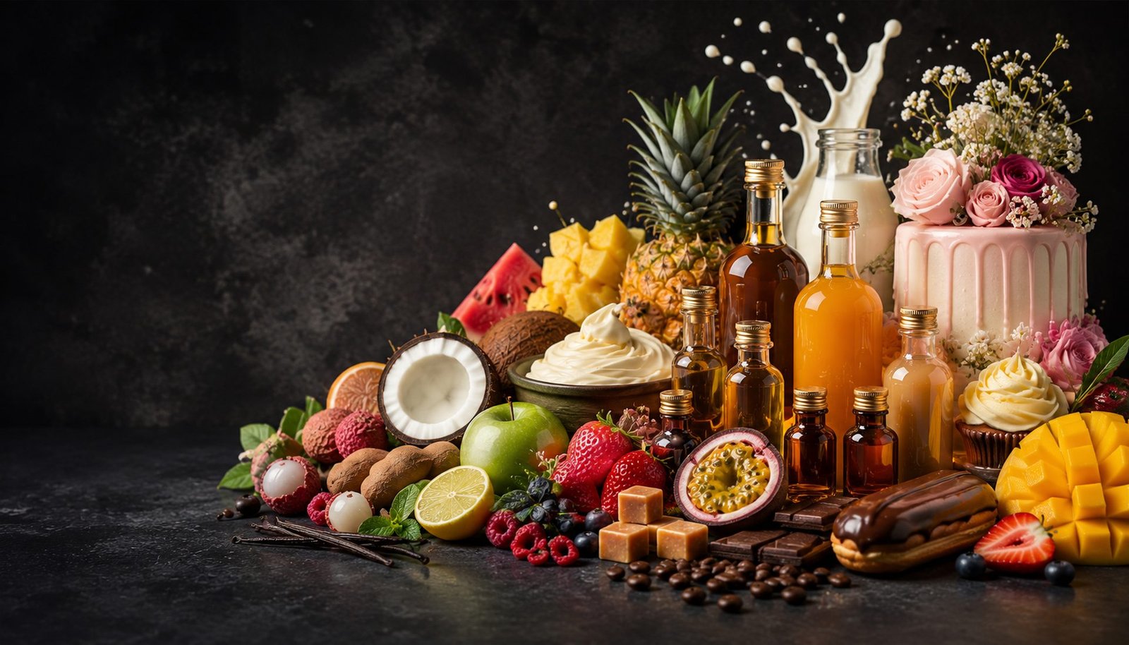 Fresh fruits, chocolate, coffee and vanilla flavour ingredients