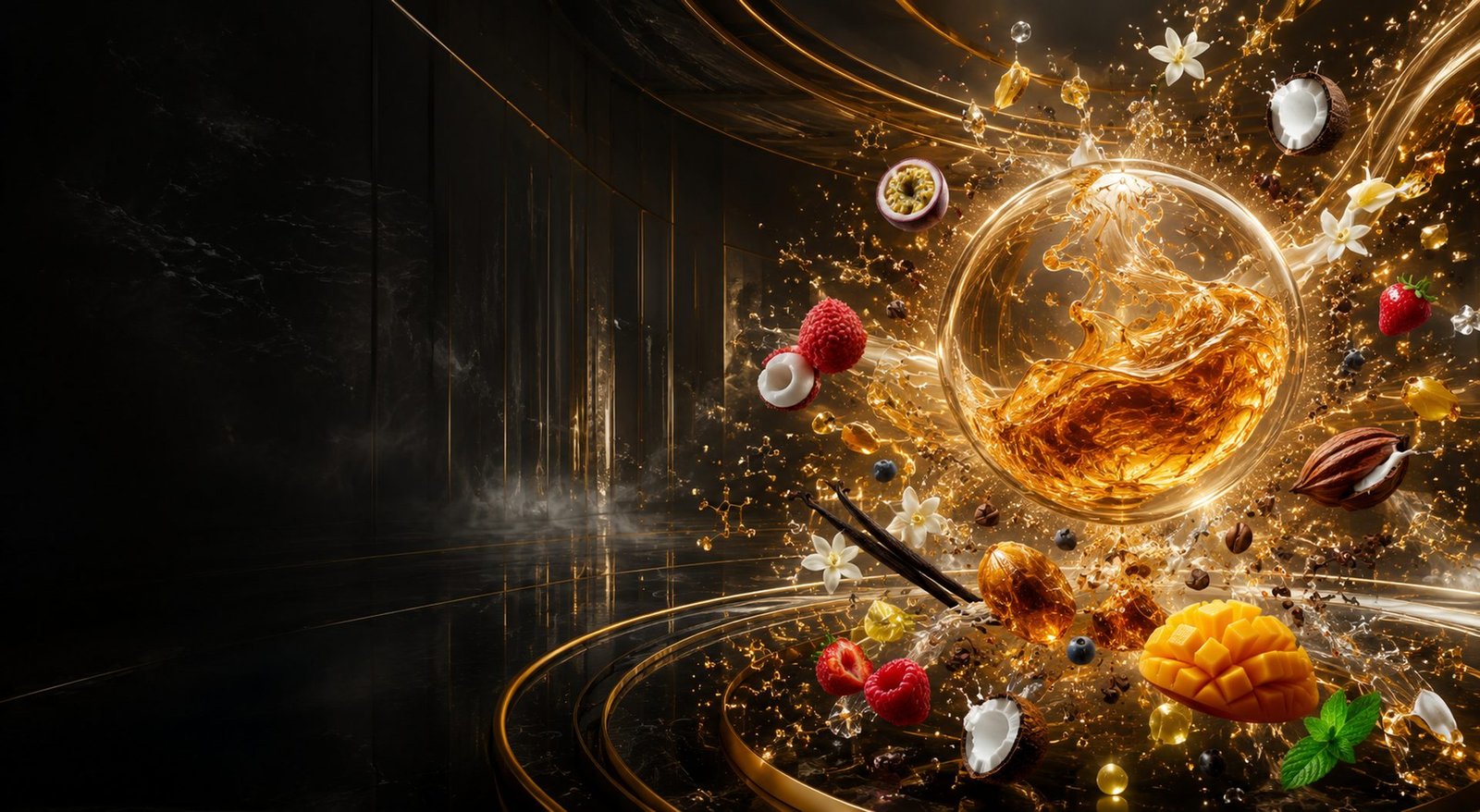 Flavour essence swirling amid fresh fruits, vanilla and botanicals